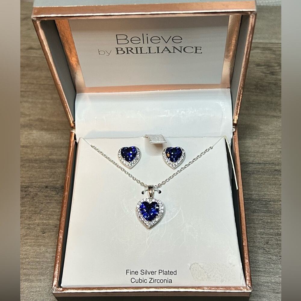 Believe by Brilliance Sapphire Blue CZ Heart earrings pendant necklace New!